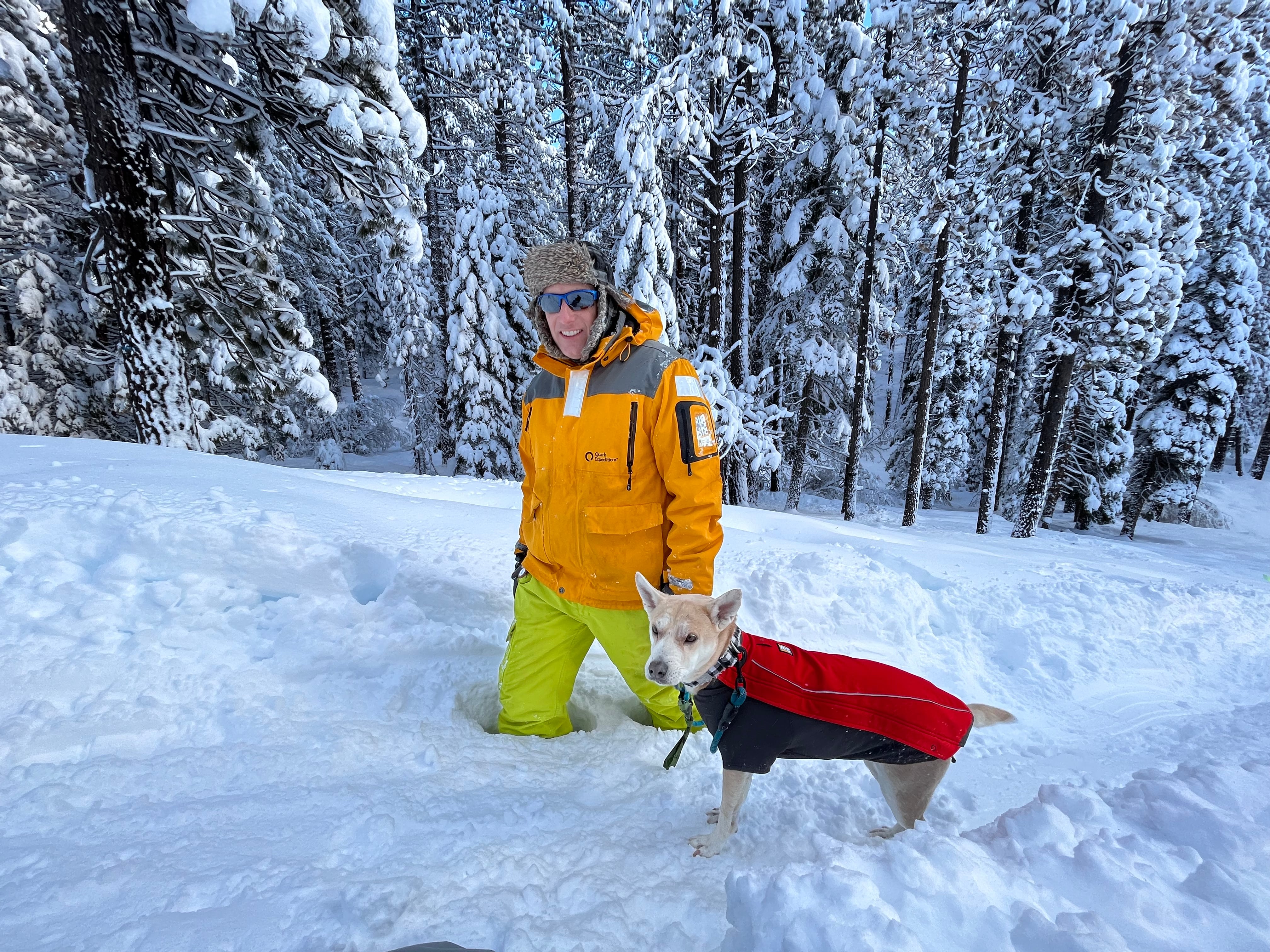 A man walking a dog. His legs are sunk into the snow up to his knees, while the dog stands on top of the snow next to him.