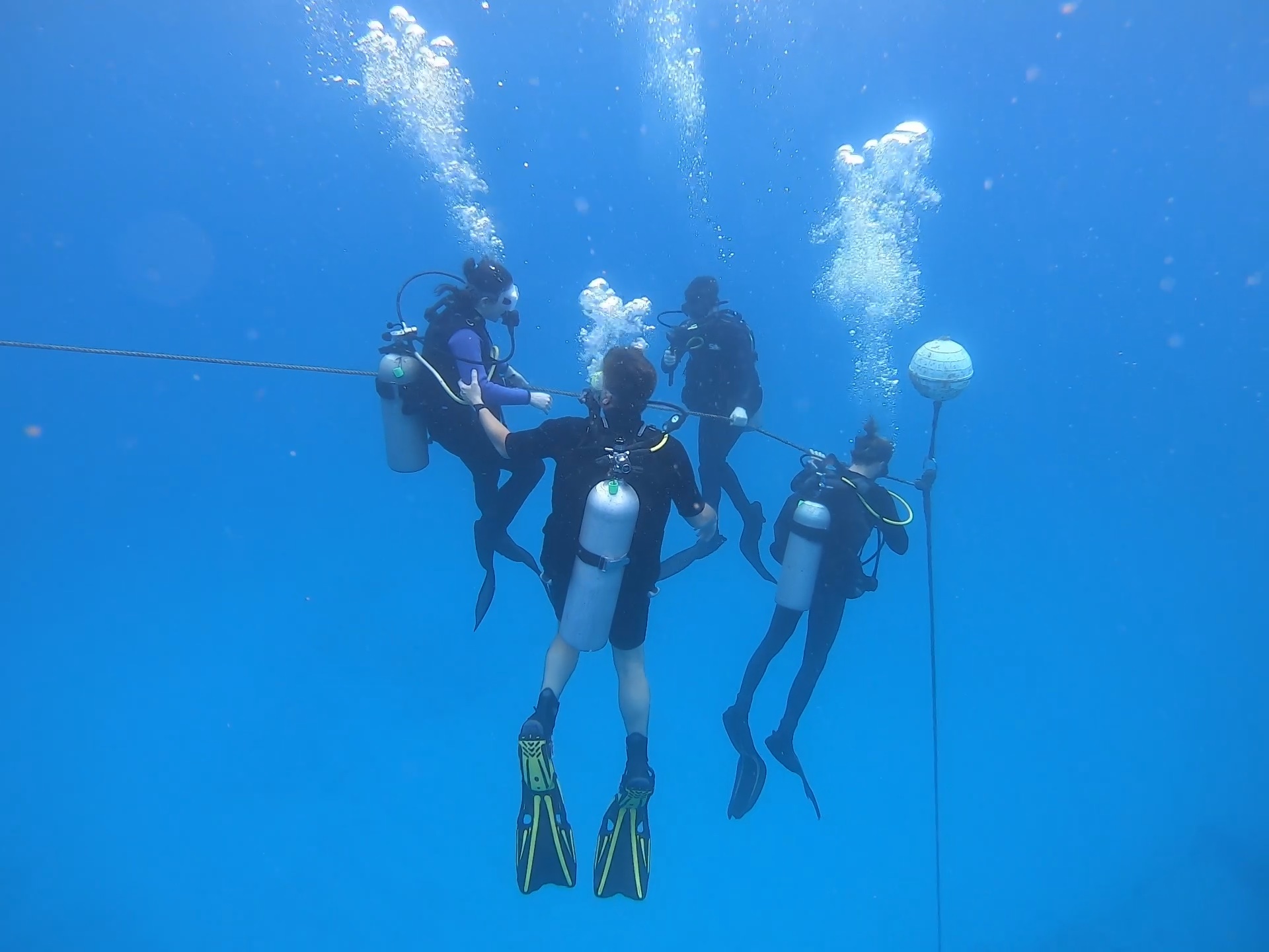 A group of people wearing scuba gear underwater.