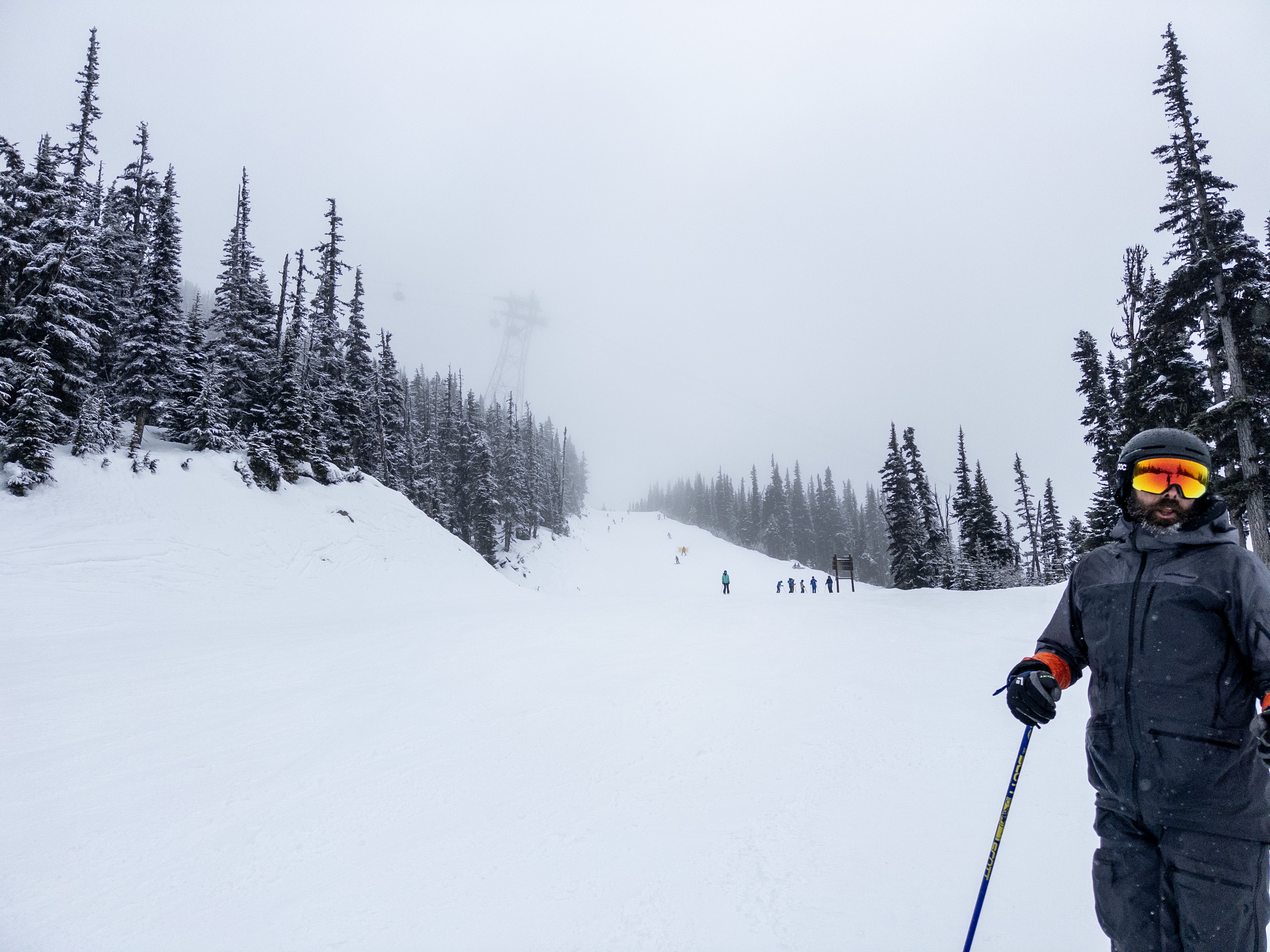 Ski trail with snow covered pine trees on either side. A lift tower fainly visible through fog. A person on skis stands on the right of the photo.