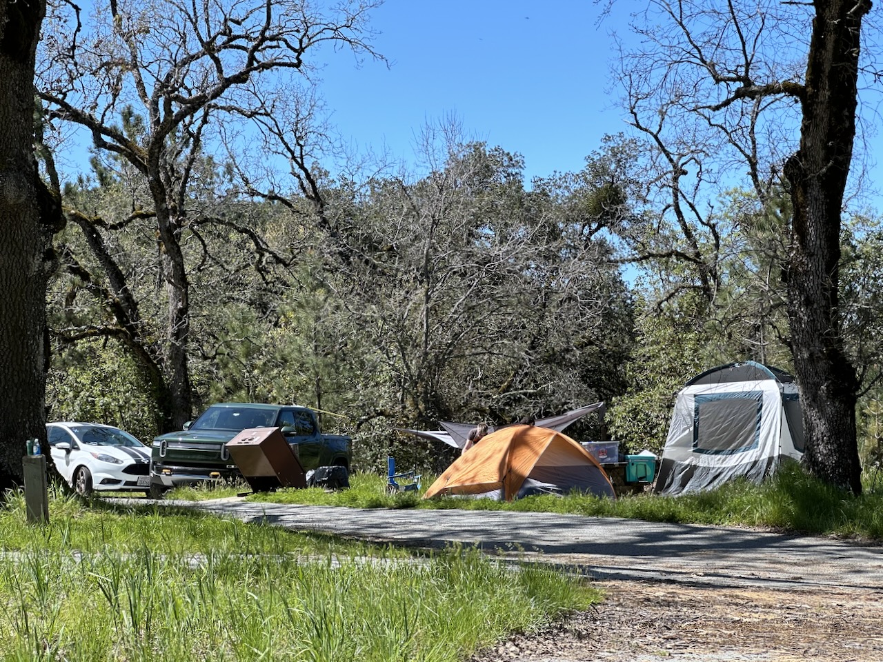 A car, truck, and two tents in front of some trees.