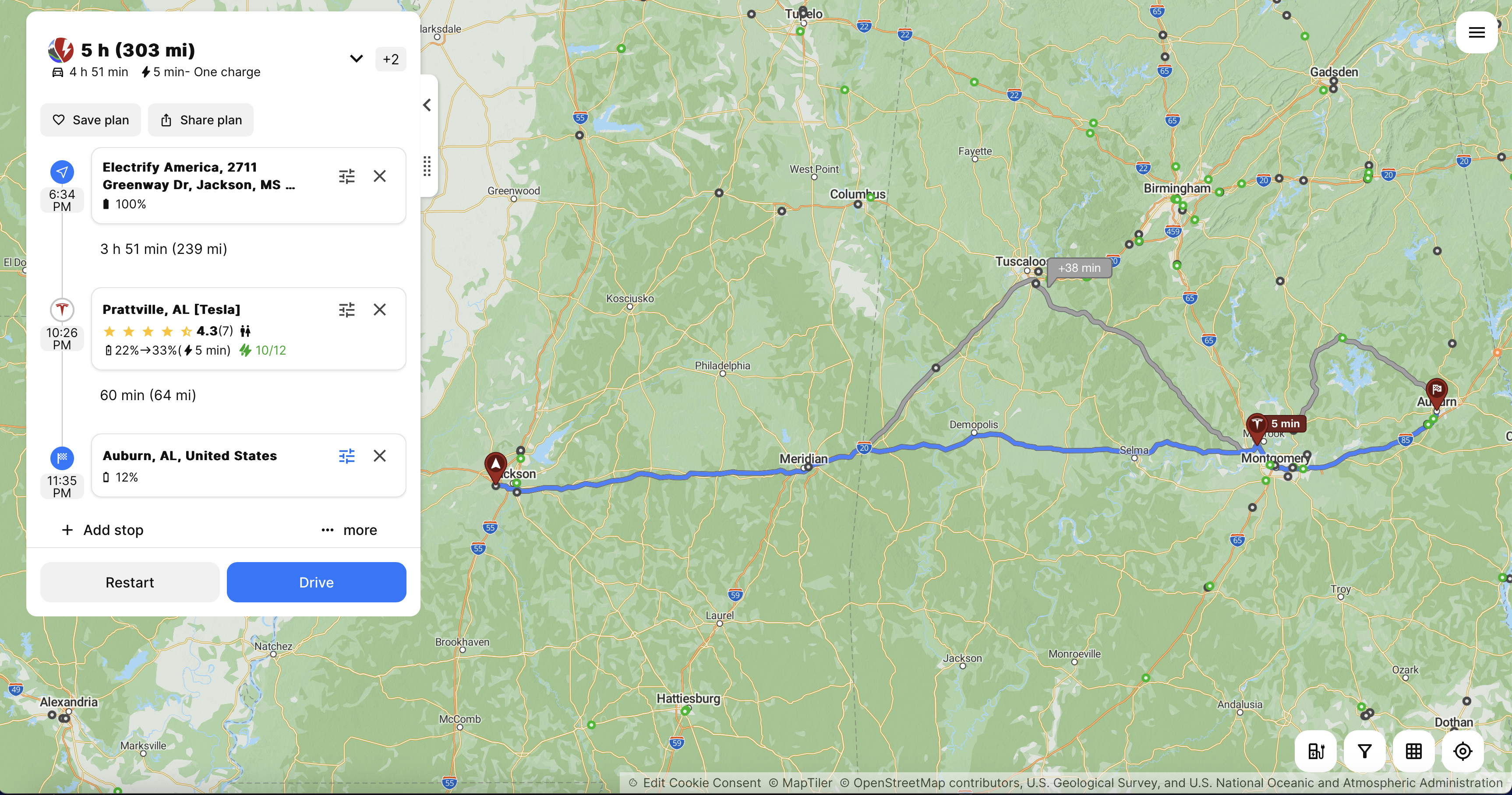 Screenshot. A route plan going from Jackson, MS thru Prattville, AL and on to Auburn, AL.