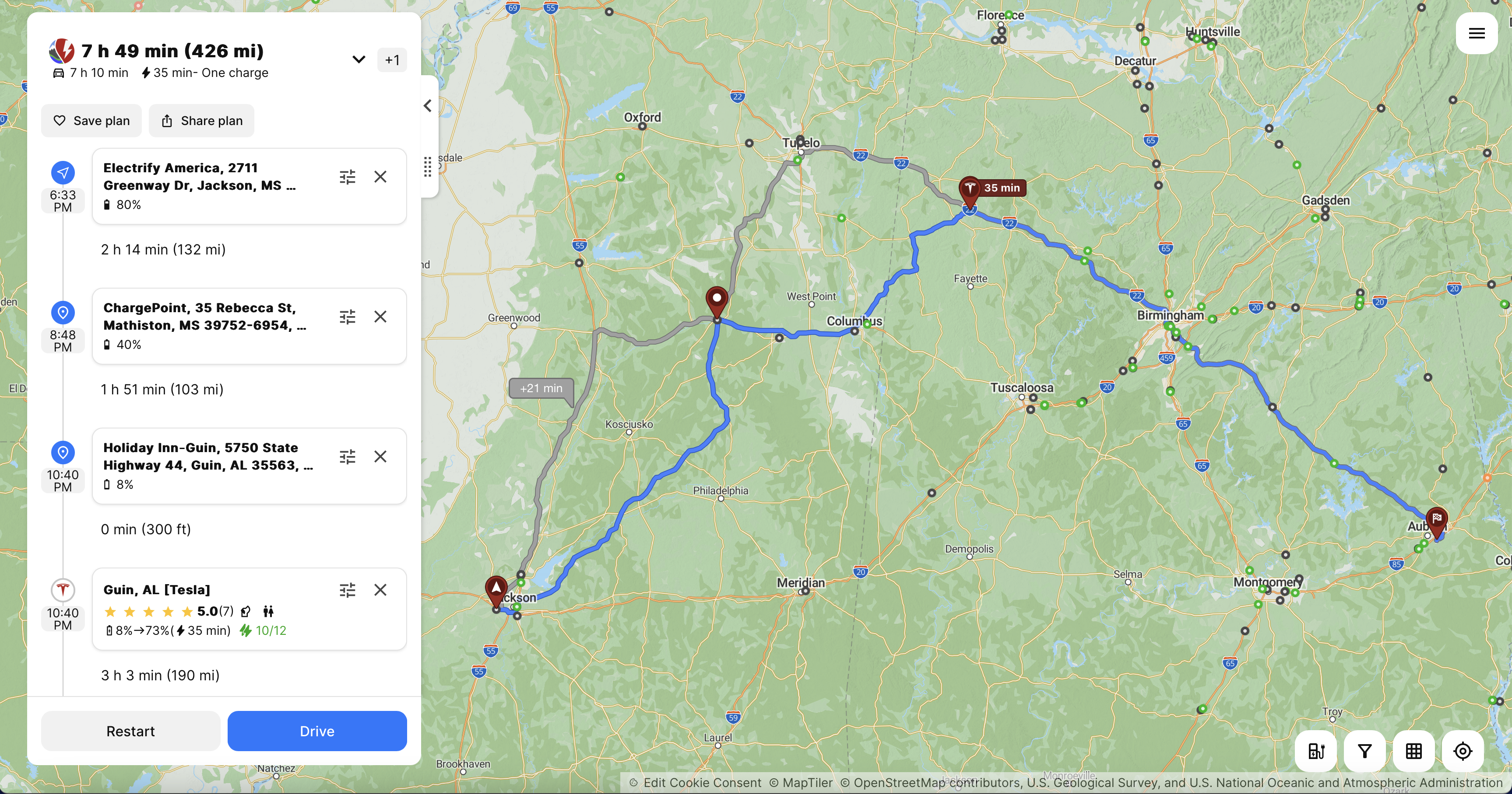 Screenshot. A route plan going from Jackon, MS thru Mathiston, MS; Guin, AL; Birmingham, AL; and then on to Auburn, AL.